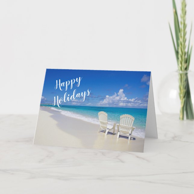Tarjeta Festiva Sunny Beach con 2 Sillas Happy Holidays Card (Anverso)