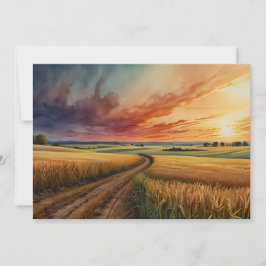 Tarjeta Festiva Sunset Sunrise Colorido Grain Field Watercolor Art
