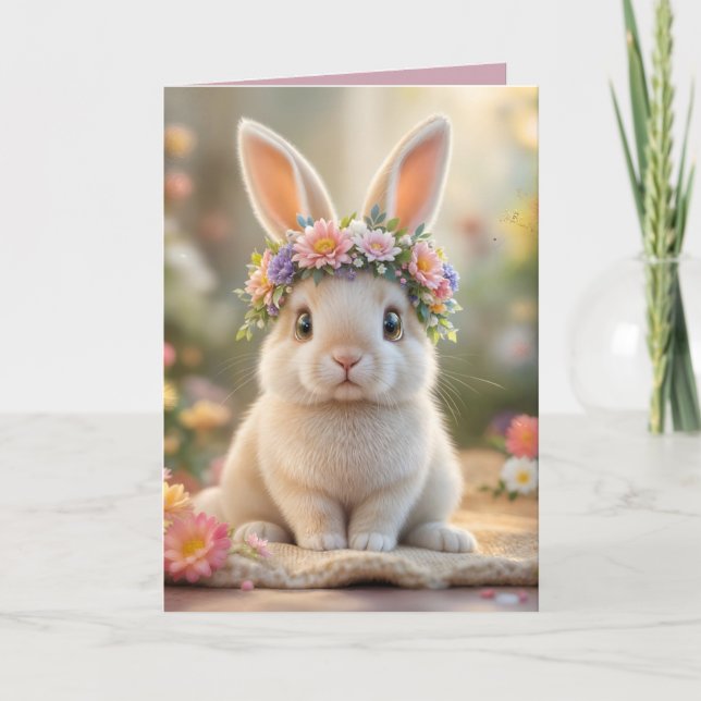 Tarjeta Festiva Super cute bunny with a flower wreath on its head  (Anverso)