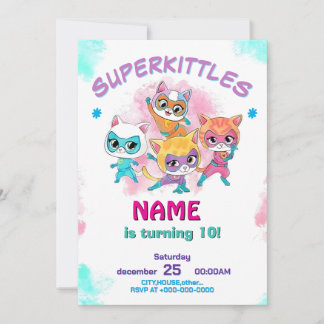 Tarjeta Festiva Super Kitties Birthday Invitation Template: Girl