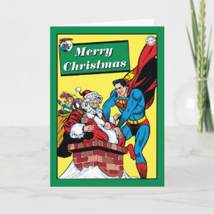 Tarjeta Festiva Supermán Ayudando A Santa Claus A Bajar La Chimene