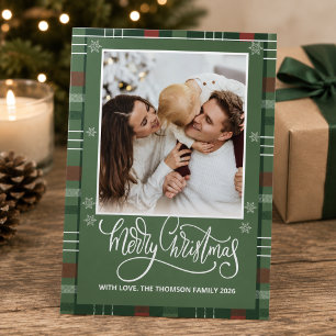 Tarjeta Festiva Superposición de foto de Plaid Merry Christmas con