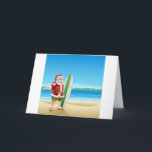 Tarjeta Festiva Surf Santa on the beach<br><div class="desc">Summer Santa in beach wear,  long board shorts or Bermuda shorts and flip-flop sandals,  holding a surfboard on a sunny beach.</div>