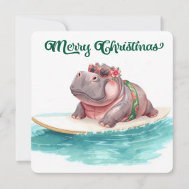 Tarjeta Festiva Surfing Hippo Bikini Christmas 