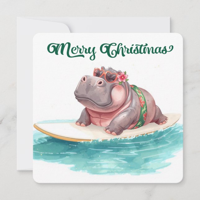 Tarjeta Festiva Surfing Hippo Bikini Christmas  (Anverso)