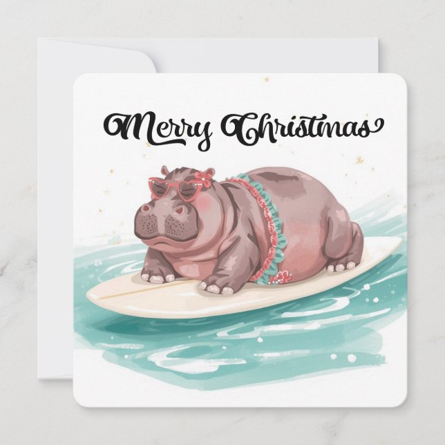 Tarjeta Festiva Surfing Hippo Bikini Christmas  (Anverso)