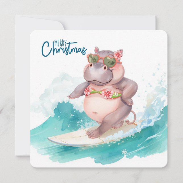 Tarjeta Festiva Surfing Hippo Bikini Christmas  (Anverso)