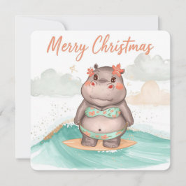 Tarjeta Festiva Surfing Hippo Bikini Christmas 