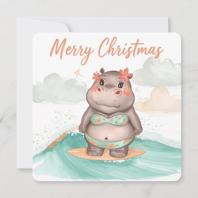 Tarjeta Festiva Surfing Hippo Bikini Christmas  (Anverso)