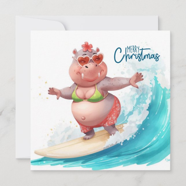 Tarjeta Festiva Surfing Hippo Bikini Christmas  (Anverso)