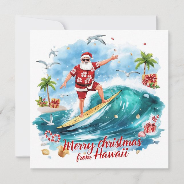 Tarjeta Festiva Surfing Santa in Hawaii – Tropical Christmas  (Anverso)