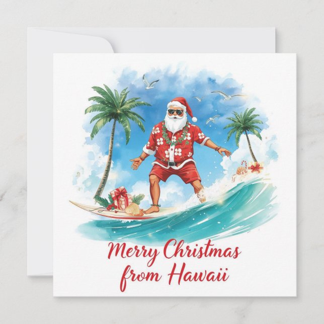 Tarjeta Festiva Surfing Santa in Hawaii – Tropical Christmas  (Anverso)