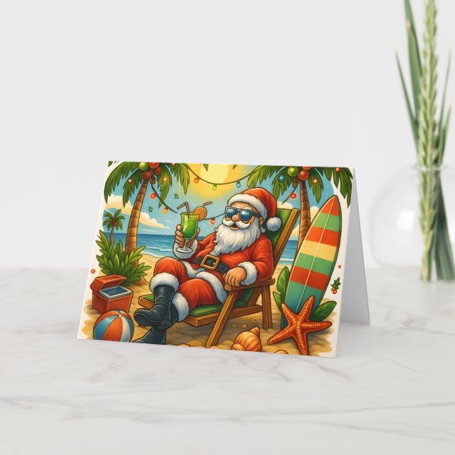 Tarjeta Festiva Surfing Santa on Tropical Beach Christmas (Anverso)