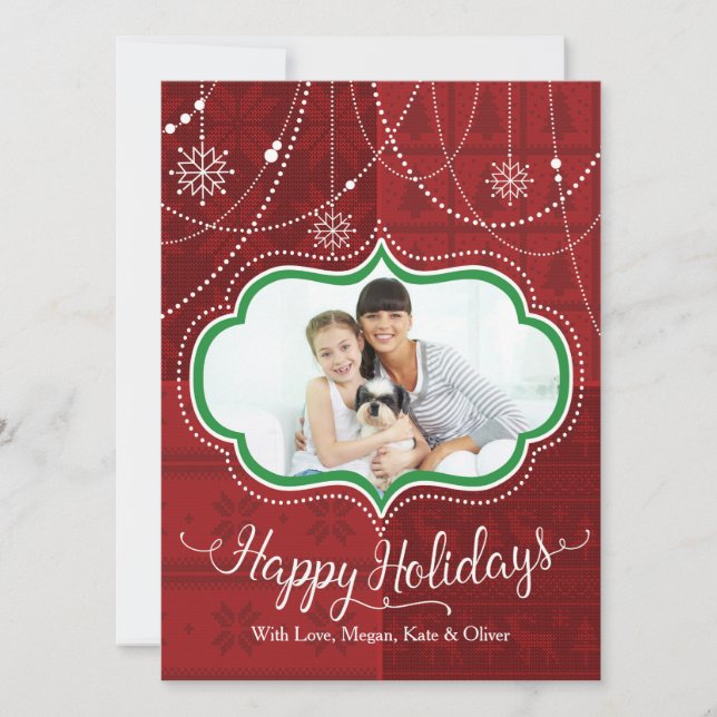 Tarjeta Festiva Sweater Rojo con Jewels Happy Holidays Photo Card (Anverso)