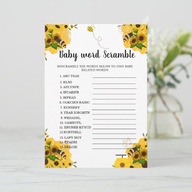 Tarjeta Festiva Sweet as it can bee word scramble baby shower game (Anverso de pie)