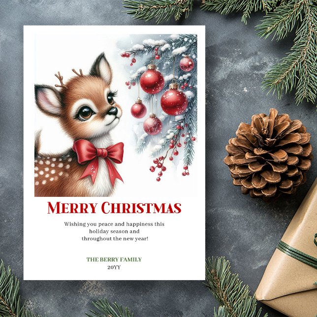 Tarjeta Festiva Sweet baby deer snowy forest winter scene greeting (Send warm holiday wishes with this serene watercolor Christmas greeting card featuring an adorable b)