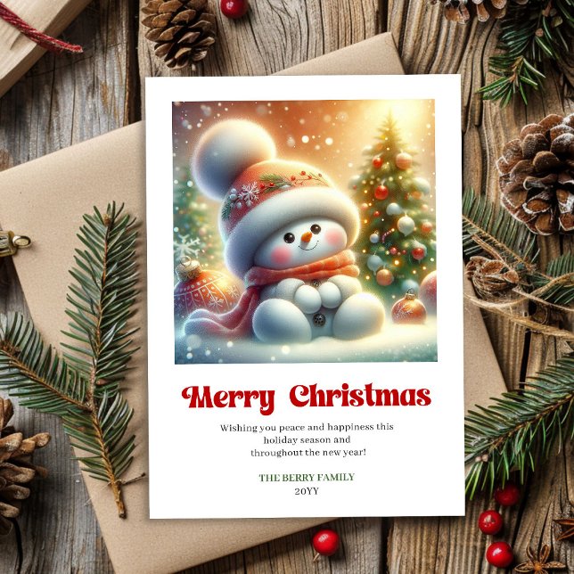 Tarjeta Festiva Sweet cartoon snowman festive red green gold card (Sweet cartoon snowman festive red green gold digital)