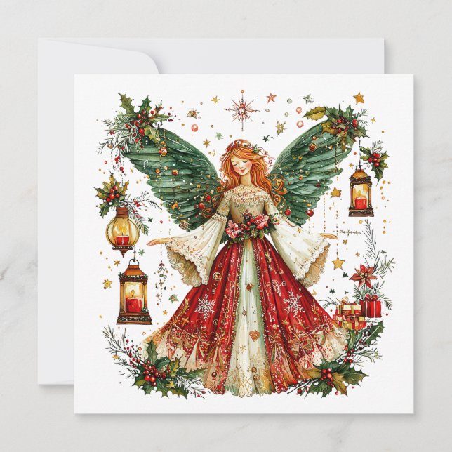 Tarjeta Festiva Sweet Christmas Angel & lighted lanterns & berries (Anverso)