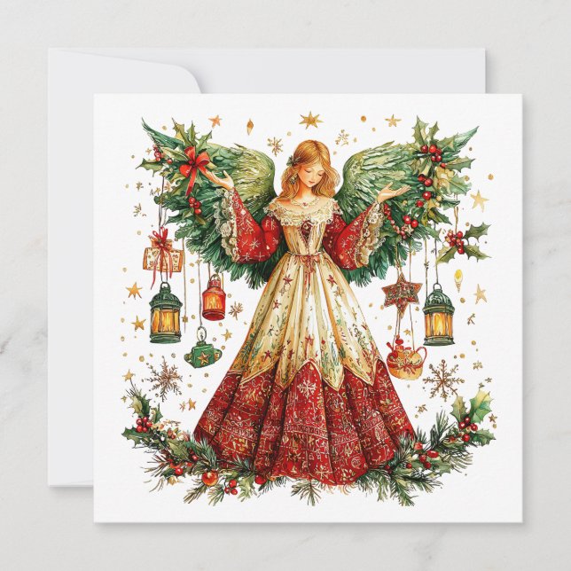 Tarjeta Festiva Sweet Christmas Angel with lighted lanterns (Anverso)