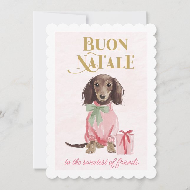 Tarjeta Festiva Sweet Dachshund Pink Buon Natale (Anverso)