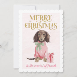 Tarjeta Festiva Sweet Dachshund Pink Christmas  Flat Holiday Card