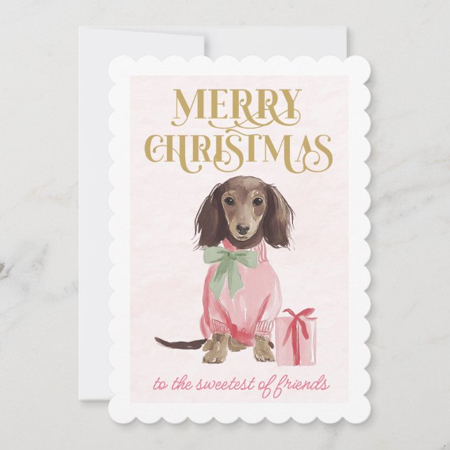 Tarjeta Festiva Sweet Dachshund Pink Christmas  Flat Holiday Card (Anverso)