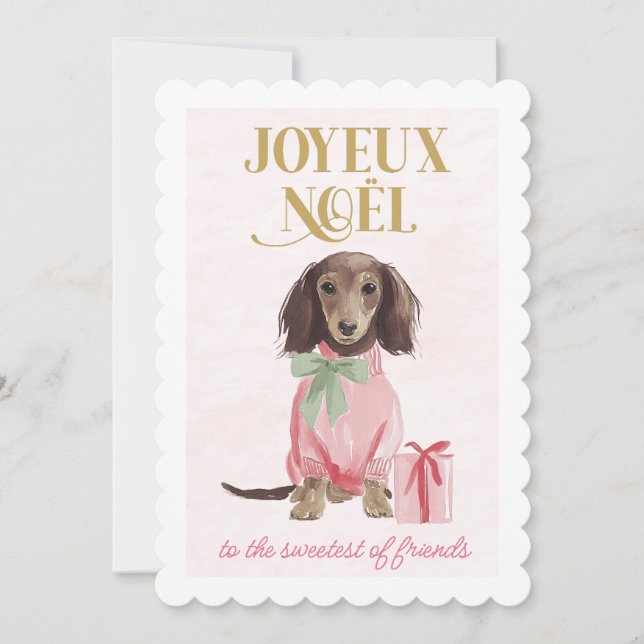 Tarjeta Festiva Sweet Dachshund Pink Joyeux Noël (Anverso)