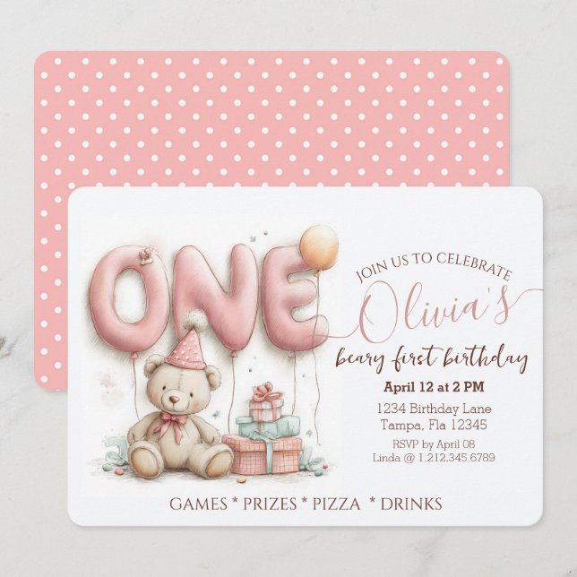 Tarjeta Festiva Sweet First Birthday Invitation with Teddy Bear  (Anverso / Reverso)