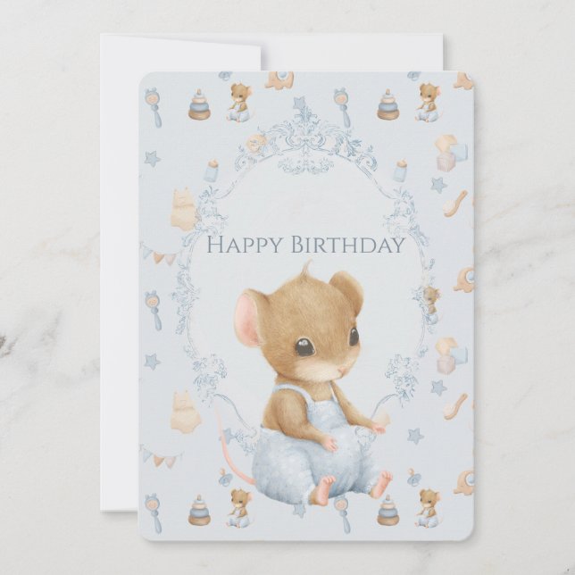 Tarjeta Festiva Sweet Little Mouse Birthday Flat Holiday Card (Anverso)