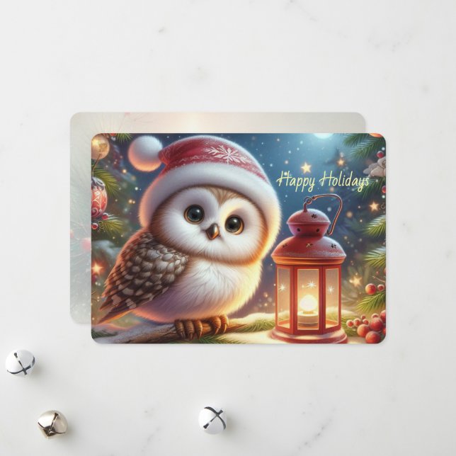 Tarjeta Festiva Sweet Owl with Santa Hat - Flat Holiday Card (Anverso/Reverso In Situ)