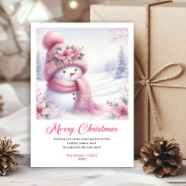 Tarjeta Festiva Sweet pink snowman Christmas kids card editable