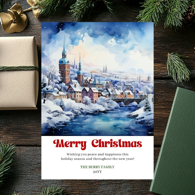 Tarjeta Festiva Sweet rustic winter scene watercolor bold holiday  (Sweet rustic winter scene watercolor bold holiday card)