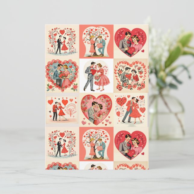 Tarjeta Festiva Swingin' Sixties Valentine Patchwork (Anverso de pie)