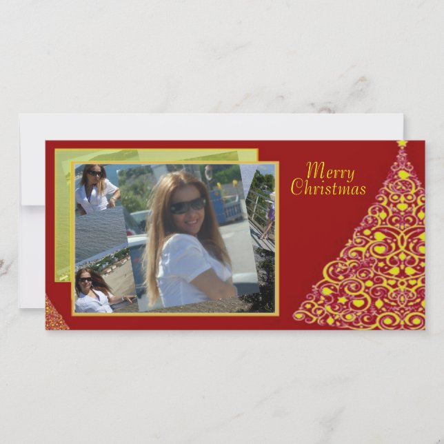 Tarjeta Festiva Swirls Christmas Tree Photo Card (Anverso)