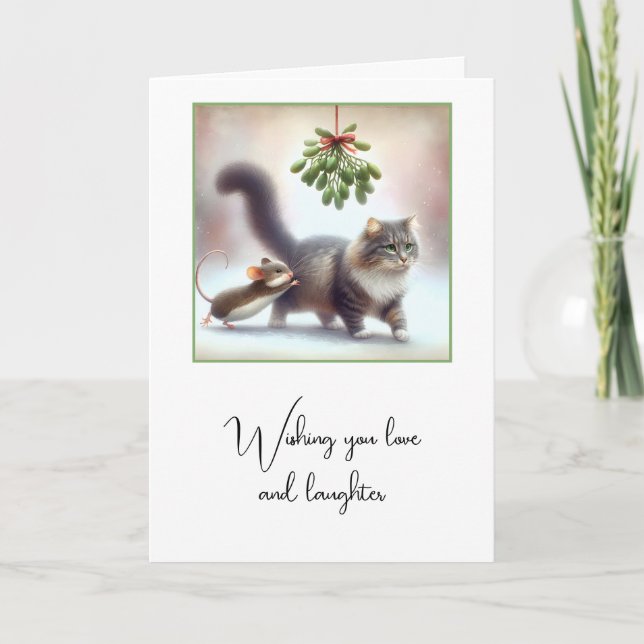 Tarjeta Festiva Tabby Cat and Mouse Under a Mistletoe (Anverso)