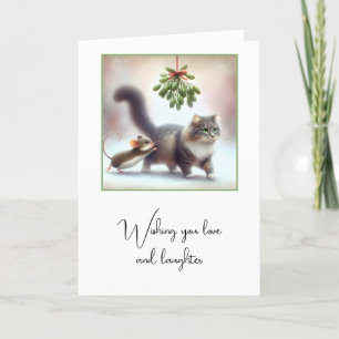 Tarjeta Festiva Tabby Cat and Mouse Under a Mistletoe
