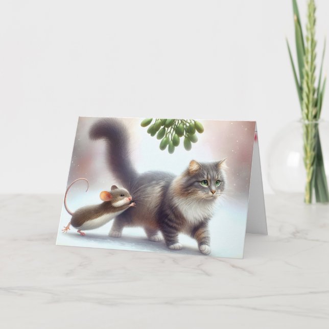 Tarjeta Festiva Tabby Cat and Mouse Under a Mistletoe (Anverso)