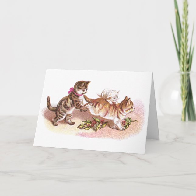 Tarjeta Festiva Tabby Cats & Holly Navidades victorianos (Anverso)