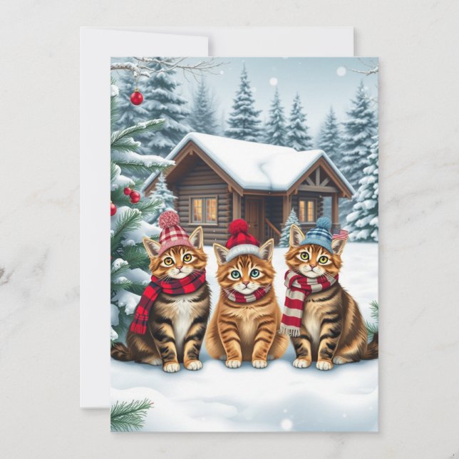 Tarjeta Festiva Tabby Cats in Preppy Winter Attire and Hat Winter (Anverso)