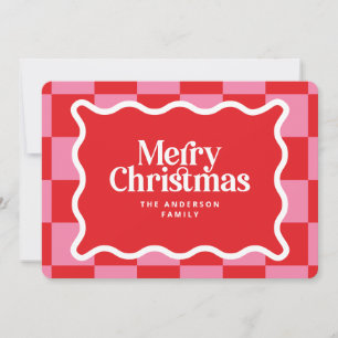 Tarjeta Festiva Tablero de ajedrez retro rosa y rojo Familia Feliz