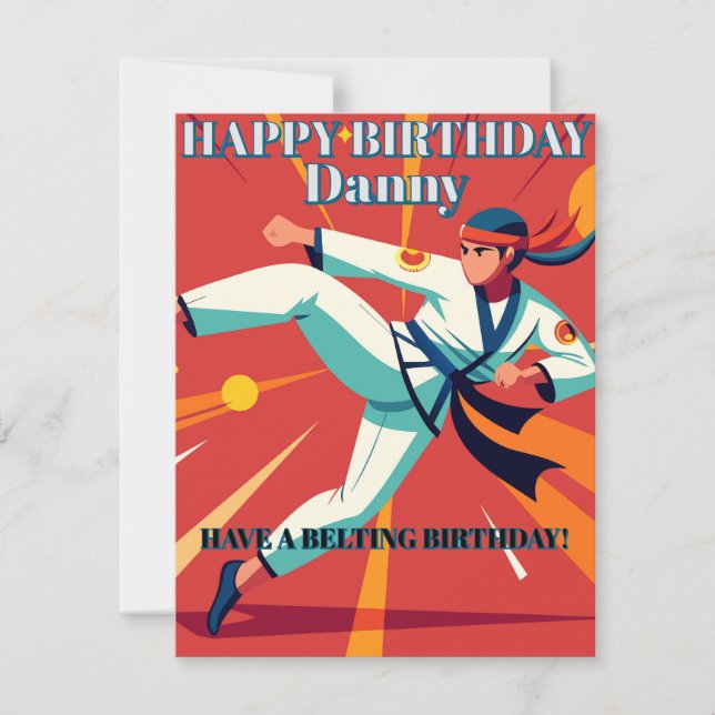 Tarjeta Festiva Taekwando Sport Naranja nombre editable Cumpleaños (Anverso)