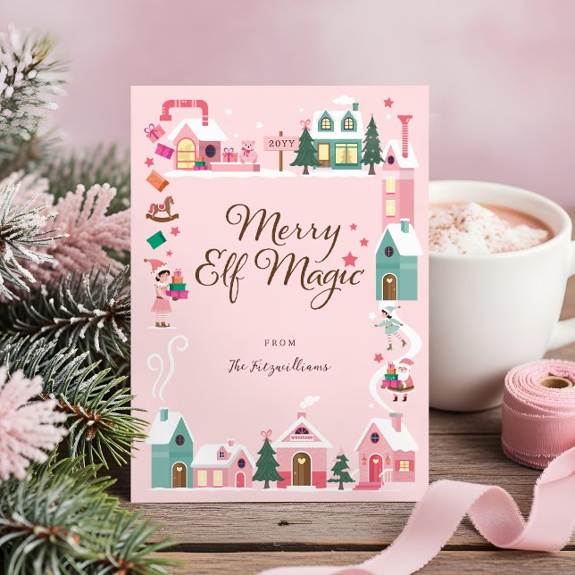 Tarjeta Festiva Taller de elfo del Polo Norte Santa Claus Villa Ro (North Pole Elf Workshop Santa Claus Pink Village Holiday Card)