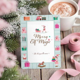 Tarjeta Festiva Taller de juguetes mágicos de elfo rosado de Santa
