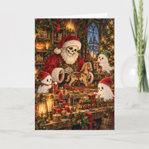 Tarjeta Festiva Taller de Santa Esqueleto Fantasmas Elfos Creepmas