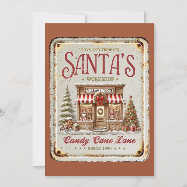 Tarjeta Festiva Taller de Santa intensamente rústico. Juguetes del (Anverso)
