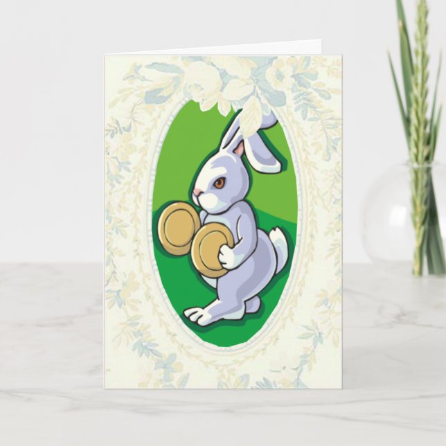 Tarjeta Festiva Tambourine Bunny Easter Card (Anverso)