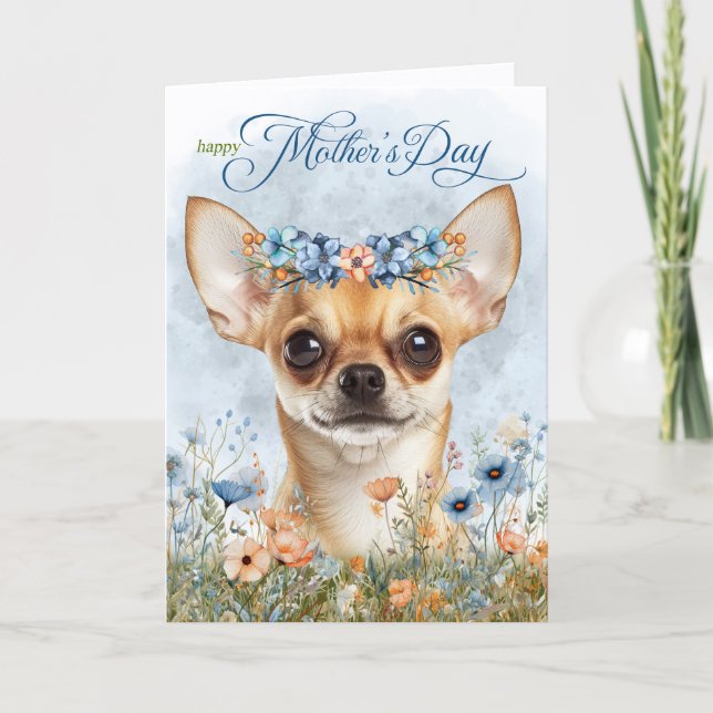 Tarjeta Festiva Tan Chihuahua Dog with Wildflowers Mother's Day (Anverso)