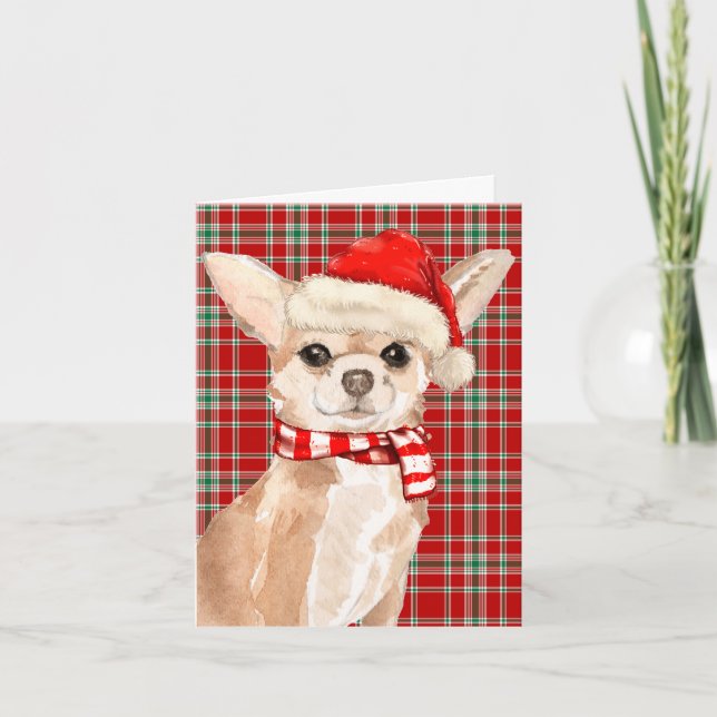 Tarjeta Festiva Tan Chihuahua y los Navidades de Red Plaid (Anverso)