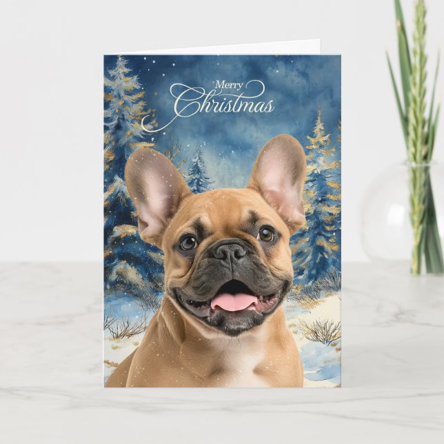 Tarjeta Festiva Tan French Bulldog Pine Winter Forest Christmas (Anverso)