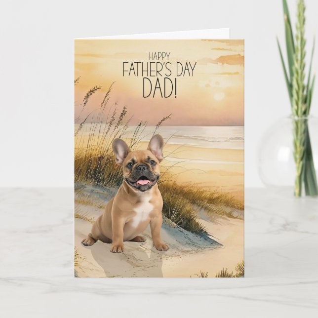 Tarjeta Festiva Tan French Bulldog Sunset Beach Father's Day (Anverso)